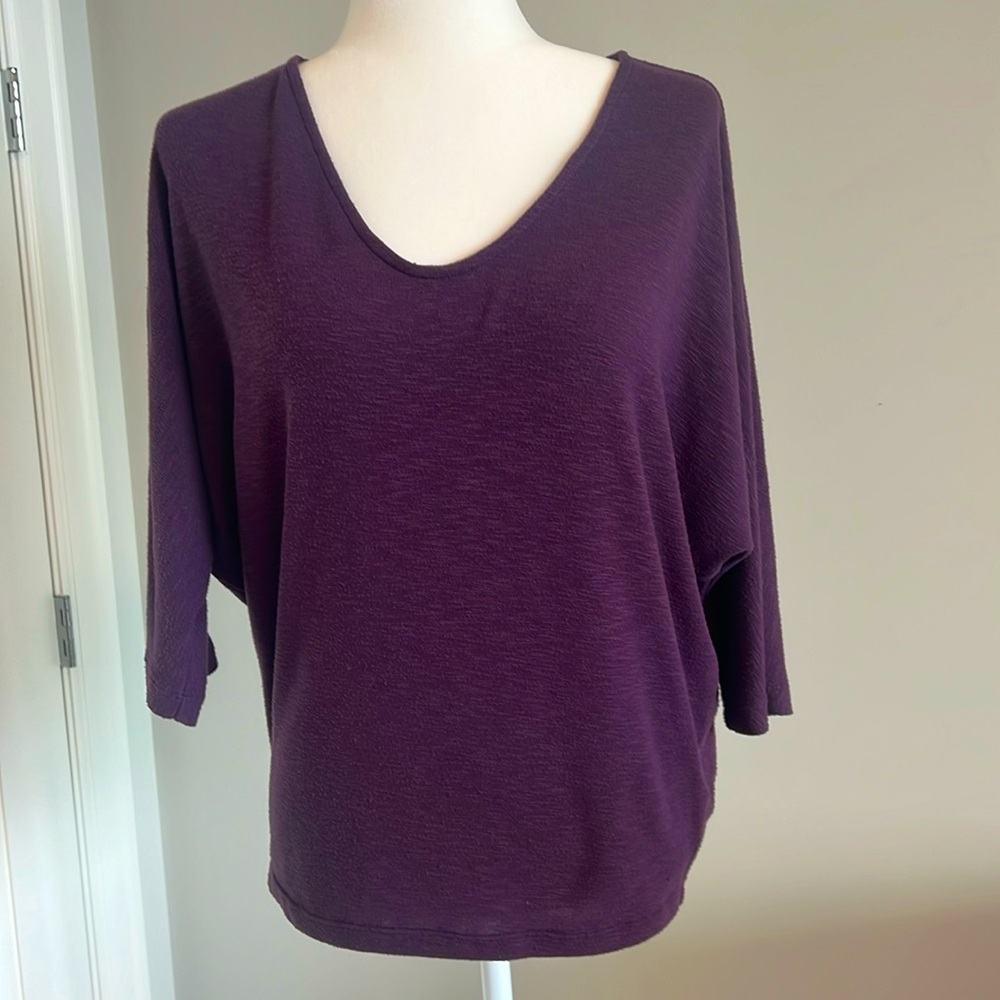 Plum medium weight womens scoop neck sweater with 3/4 length sleeves
